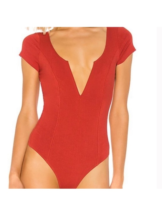 Free People Tops - Free People Deep Conversations Rust Red Deep V Short Sleeve Bodysuit